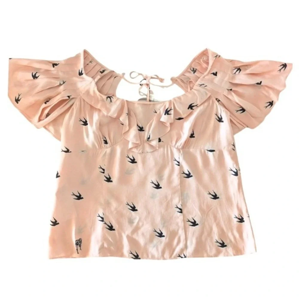 McQ Alexander McQueen Pink Swallow Bird Print Cold Shoulder Ruffle Top Size 44 - Picture 6 of 11